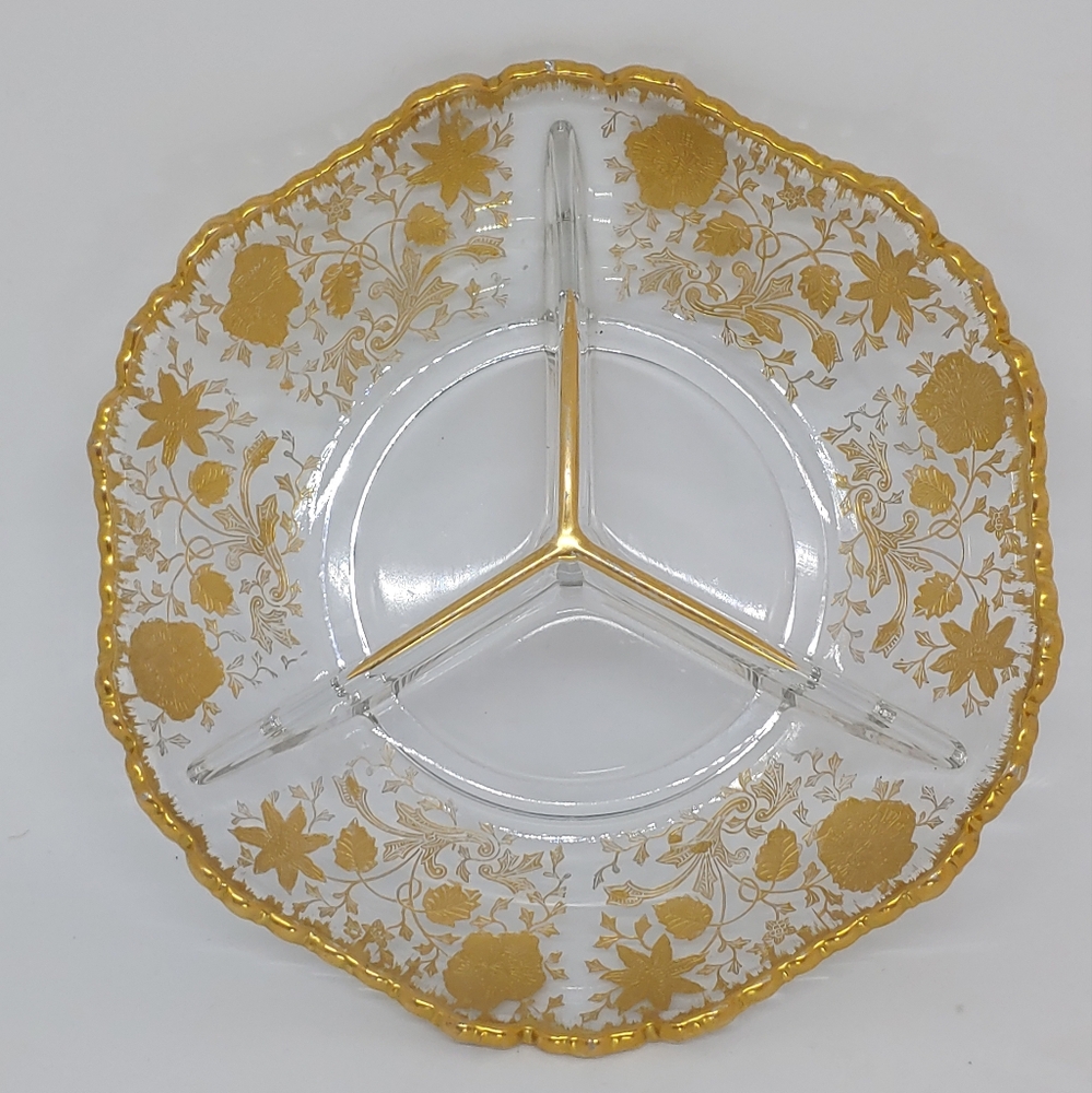 Vtg Cambridge Wildflower Gold Overlay Divided Glass Bowl